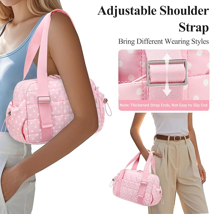 CAMTOP Mini Gym Bag for Women, Small Gym Tote Bag Puffy Quilted Sports Duffel Bag with Wet Compartment and Coin Purse Duffel Bags Dance Yoga Workout Bag for Gifts (Polka Dot Pink, Mini-12.6")
