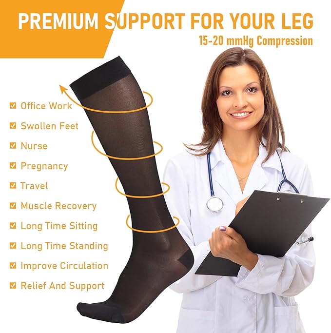 2 Pairs Sheer Compression Socks for Women - 15-20 mmHg Knee High Sheer Compression Stockings for Support Circulation Swelling Edema Work Office Travel, Black, Large