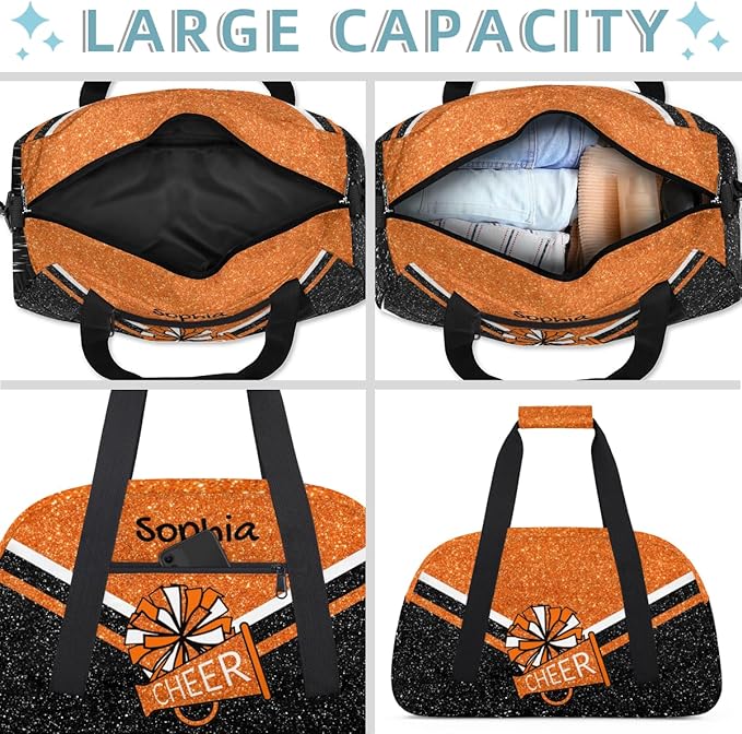 Personalized Orange Glitter Cheer Bag for Cheerleaders, Custom Sport Gym Bag Dance Bag Travel Duffle Bag Cheerleading Gifts for Women