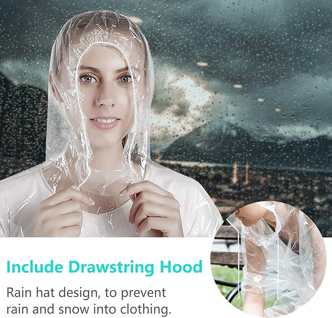Disposable Rain Ponchos for Adult, Rain Poncho with Drawstring Hood, Emergency Rain Ponchos for Adult