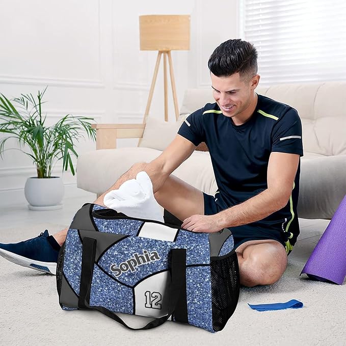 Custom Blue Volleyball Duffel Bag with Name Personalized Travel Bags Sport Gym Bag Carry On Weekender Bags for Men Women