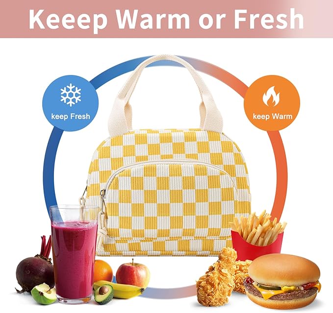Lunch Bag Women Lunch Box for Women Adult Cute Insulated Lunch Bag Small Cooler Lunch Tote Bags for Work Picnic School (Beige-Yellow Plaid)
