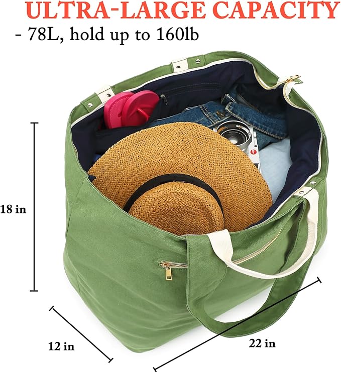 Large Canvas Beach Bag for Women, Beach Bags Waterproof Sandproof with Zipper & Wet Bag Cruise Essentials
