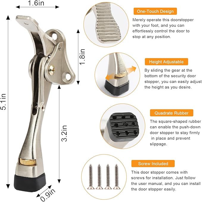 Kickdown Door Stopper 4 Inches - 2 Packs One Touch Adjustable Height Door Stop for The Bottom of Door Aluminum Alloy Metal Door Stopper with Rubber Tip & Wall Protectors for Wide Doors Nicke
