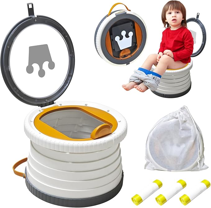 Portable Potty Chair for Toddlers with Splash-Proof Design, Foldable Travel Potty with Bag & 30 Refills - Kids Toilet for Car, Camping, Indoor - Easy Clean Baby Potty Training Seat(White-Gray)