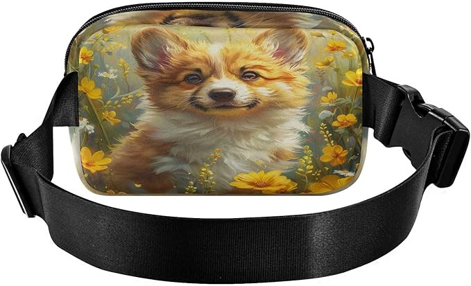 Cute Corgi Puppy Yellow Flowers Fanny Pack for Women Men Water Resistant Fashion Waist Packs with Adjustable Strap Belt Bag for Travel Workout Jogging Hiking 21219846