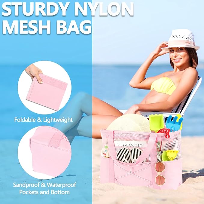 Mesh Beach Bag, Large Beach Tote with Zipper Pocket, Toys Pool Bag for Family Travel Vacation Cruise Essentials