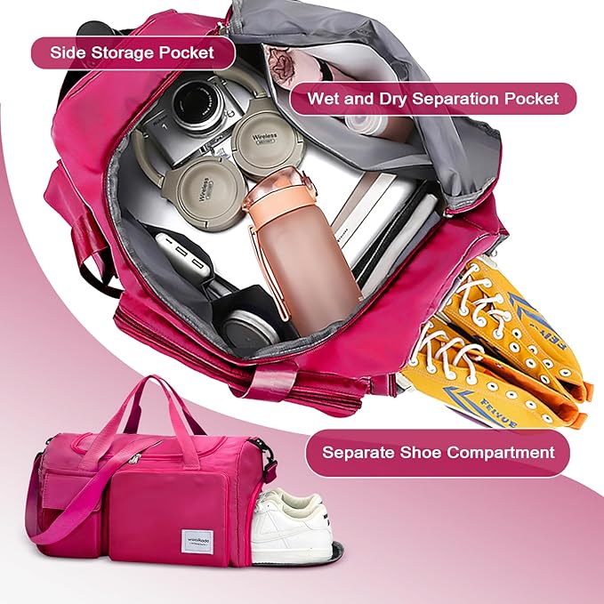 WOOMADA Foldable Travel Duffel Bag with Shoes Compartment, Overnight Bag with Wet Pocket & Trolley Sleeve, Weekender Bags for Women(A-rose red)