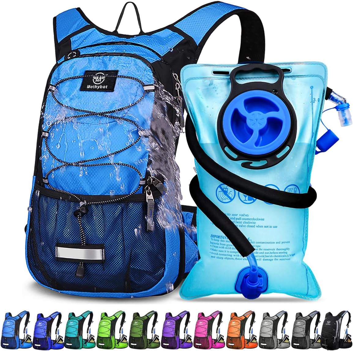 Insulated Hydration Backpack Pack with 3L BPA Free Leak Proof Water Bladder, Large Storage Lightweight Hiking Daypack with Waist Pouches & Cooler Layer, for Running, Biking, Camping, Festival