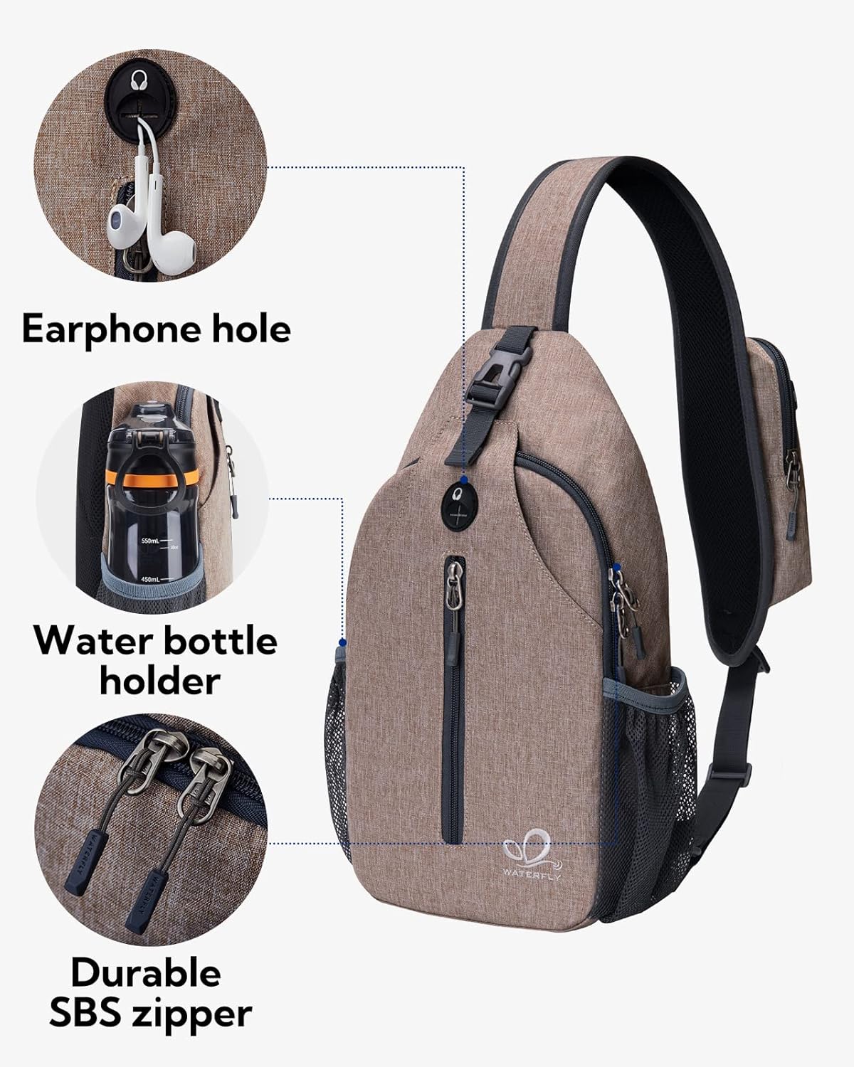 WATERFLY Crossbody Sling Backpack Sling Bag Travel Hiking Chest Bag Daypack