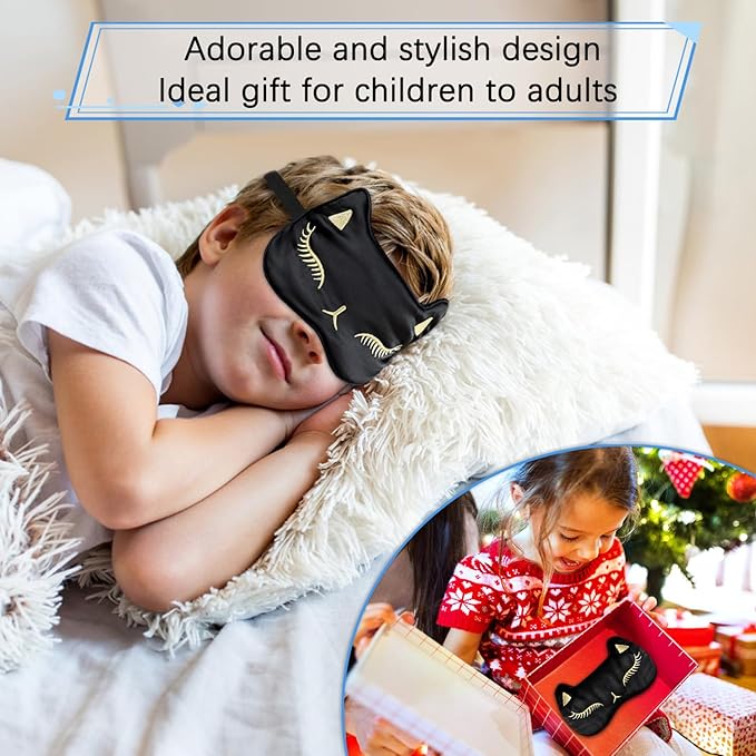 Cute Cat Silk Sleep Mask Adjustable Eye Mask Sleeping Mask Eye Cover Soft Satin Blindfold Eye Shade for Girls Women Men Travel Nap - Black