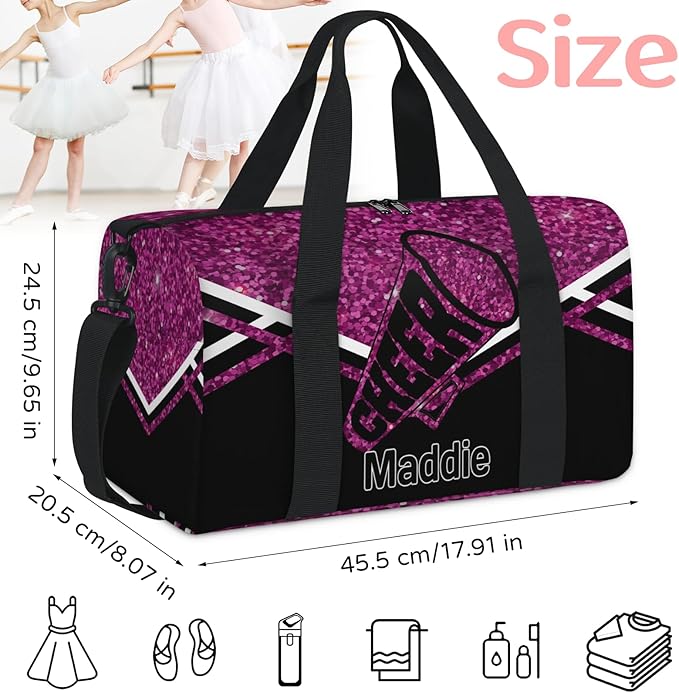 Personalized Travel Bag Cheerleading Team Name, Cheerleader Dance Bag Gym Weekender Bags Sports Tote Duffel Bag, DarkMagenta Purple Glitters