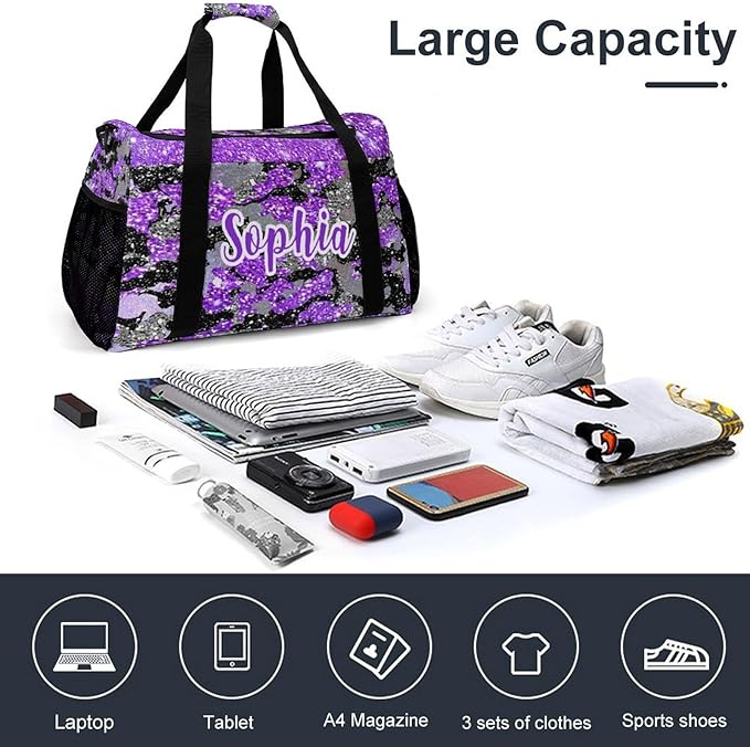 Purple Camo Bling Glitter Print Tote Bag, Customized Duffel Bags Weekender Overnight Bag Travel Bag Personalized Gift Gym Bags Luggage Bag
