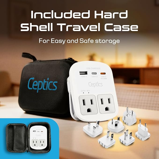 Ceptics 35W Universal Travel Adapter Kit – 2 USA sockets, USB-A, USBC, 1x PD 35W USB-C and USBC Cable, Surge Protected, Plugs for EU, UK, China, AU, Japan - for Laptop, Phone, Camera-ETL Tested