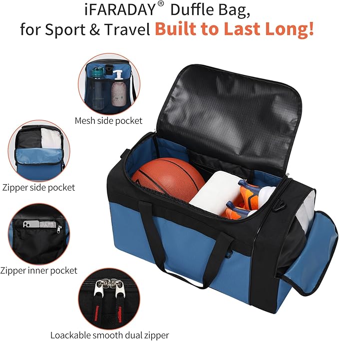 iFARADAY 40L Gym Bag for Men - 20 inch Sport Duffle Bag with Side Pocket, Two-Tone Design for Basketball, Football, Workout - Blue