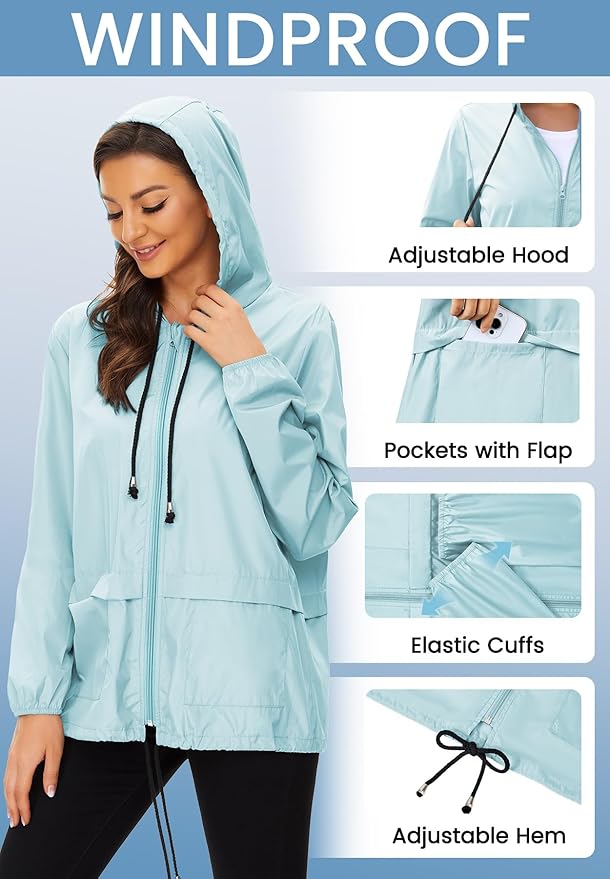 Zando Lightweight Rain Jacket Women Waterproof - Raincoat for Women Packable Rain coat Hooded Windbreaker for Travel Outdoor