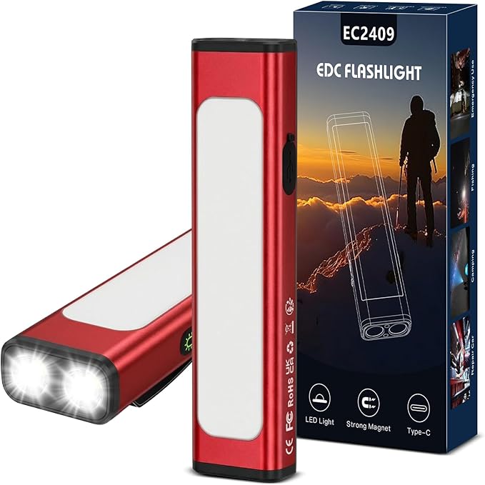 Pocket Flashlight, 1200 Lumens Rechargeable EDC Flashlight with Clip, USB-C Port, 3 Modes Waterproof Warning Light for Working, Camping, Repairing, Emergencies (Red, 1PCS)