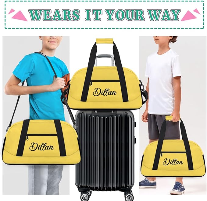 Custom Name Gym Duffel for Kids,Personalized Sports Bag Lightweight Gym Bags for Boys & Girls,Fitness Travel Weekender for Travel, and Workout Yellow