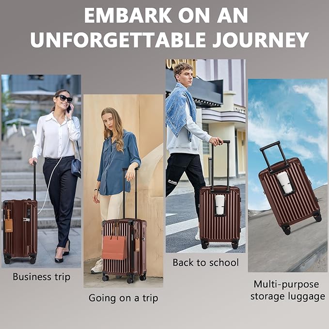 Joyway Carry On Luggage, Expandable Suitcase with Smart Cup Holder and USB Port, 20 IN Hardside Checked with TSA Lock Spinner Double Wheels (Coffe, Carry-On 20-Inch)