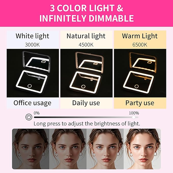 1X/5X Magnification LED Travel Makeup Mirror, Rechargeable Travel Mirror with Light, Portable Pocket-Sized Folding Design Ideal Gift for Travel & Daily Use