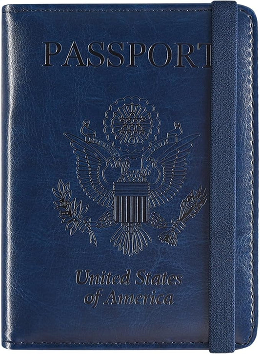 ACdream Passport Holder Cover, Leather Travel Wallet Case, RFID Blocking Document Organizer Protecrtor, with Slots for Credit Cards, Boarding Pass, for Women and Men, Navy Blue