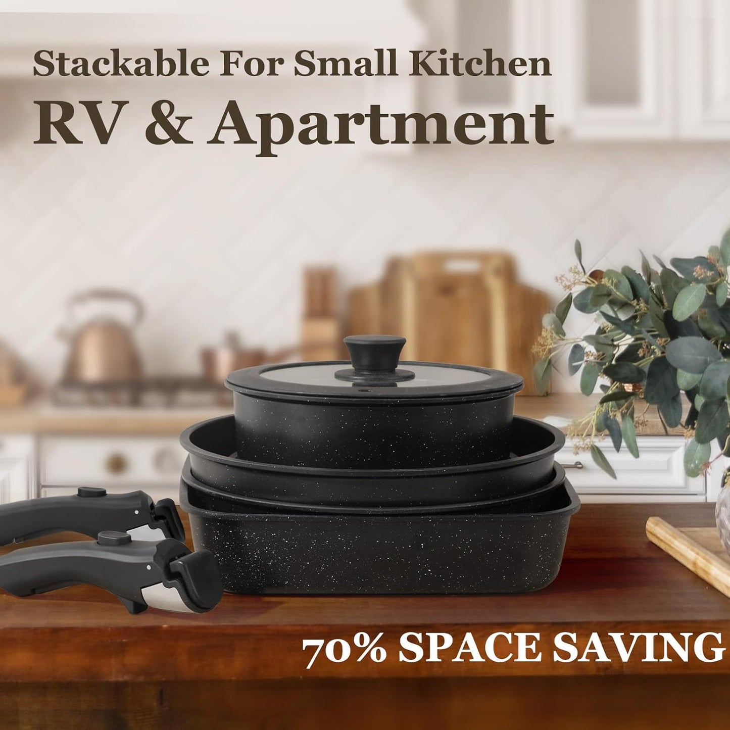 KIKCOIN 22 Pcs Pots and Pans Set Non Stick, Detachable Handle Cookware Sets Nonstick, RV Kitchen Cooking Set with Removable Handles, Frying Pans - Induction/Dishwasher/Oven Safe (Black)