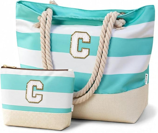 Vavabox Initial Beach Tote Bag for Women, Water-resistant Foldable Travel Beach Bag Set, Birthday Gifts for Women Mom
