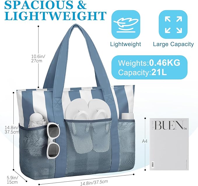 VASCHY Beach Bag for Women, Foldable Waterproof Sandproof Beach Tote with Zipper/Mesh Pockets for Vocation/Cruise/Gym/Travel