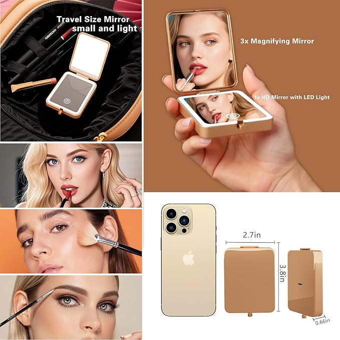 Compact Mirror with Light,1X/3X Magnification LED Pocket Mirror with USB Data Cable,Mini Mirror for Purse Pocket,Travel and Gifts, Small Cute Portable Folding Handheld Mirrors for Women (Cat)