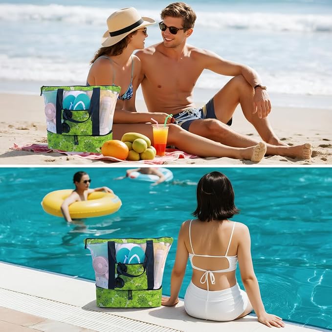 ASL Mesh Beach Bag with Cooler Compartment for Women, 2-in-1 Print Travel Tote 30L with Zipper and Pockets, Pool Picnic
