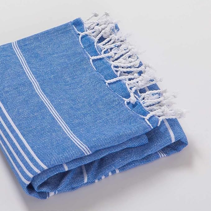 Hencely Turkish Beach Towel 37x68 Oversized, Sand-Free, Quick-Dry, Lightweight - Travel Essential for Pool & Bath - Striped 100% Cotton Bathroom Towels Accessories Gift (Blue)