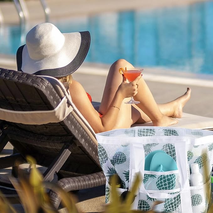 Mesh Beach Bag,Large Beach Bags for Women with 8 Pockets,Packable Tote Bag for Beach Cruise Pool Vacation Essentials