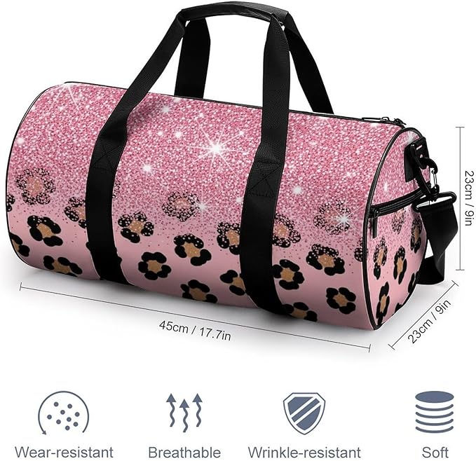 Lightweight Travel Sports Carry On Bag Pink Glitter Sparkles Cheetah Leopard Print Basketball Football Weekender Bag Sport Gym Fitness Tote