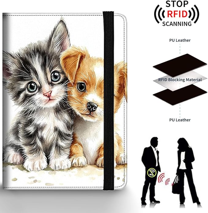 Passport Holder Wallet Cover Case,RFID Blocking Passport Cover,Large Capacity Travel Wallet with Multi Card Slots (Cute Cat and Dog Watercolor Art)