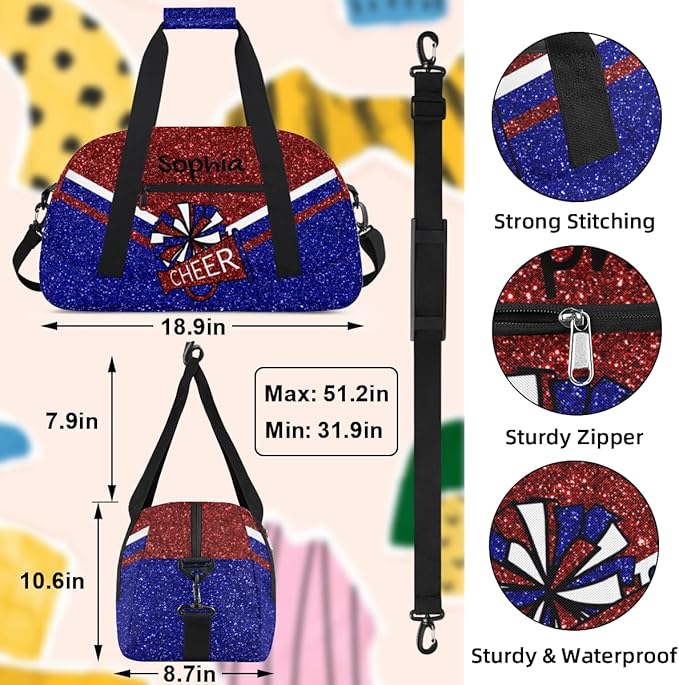 Personalized Red Blue Glitter Cheer Bag for Cheerleaders, Custom Sport Gym Bag Dance Bag Travel Duffle Bag Cheerleading Gifts for Women