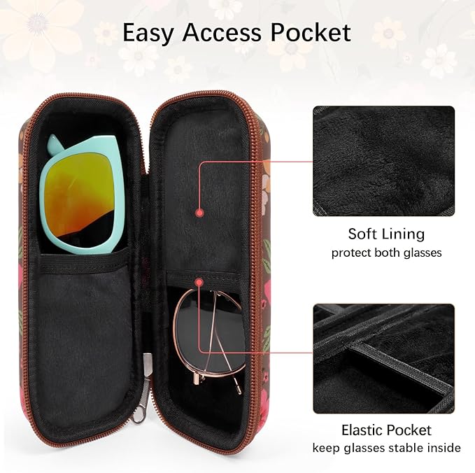 Double Eyeglasses Case Hard Shell Dual Sunglasses Organizer with Zipper Closure Travel Eyewear Storage for Vehicle