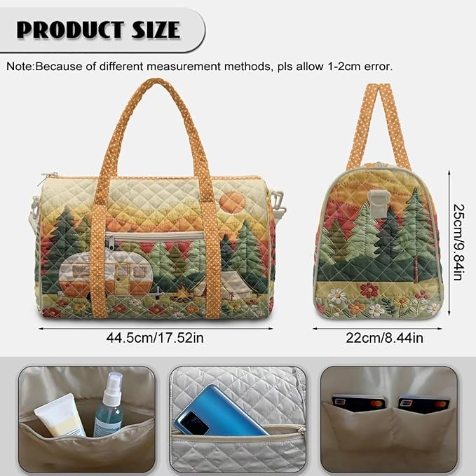 COEQINE Quilted Duffle Bag For Women Travel Quilted Tote Bag Large Car Orange Camper Vans Forest Print Overnight Luggage Bag with Trolley Sleeve