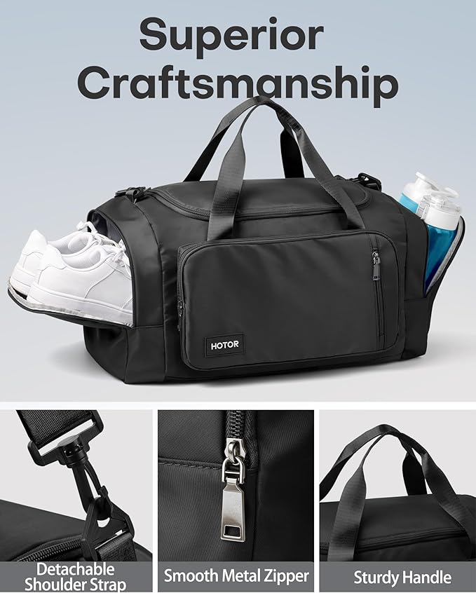 HOTOR Gym Bags for Men & Women - Spacious Duffle Bag with Shoe Compartment & Wet Pocket, Carry On Weekender Bag Portable Sports Duffel Bag for Workout, Fitness, Travel, Black, 20.5" x 11.0" x 10.6"