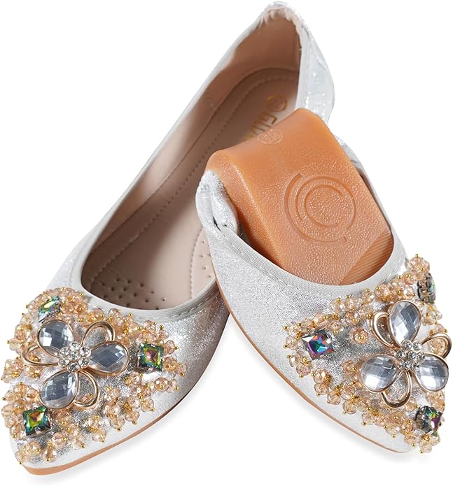 Women Ballet Flats Sparkly Rhinestone Wedding Ballerina Shoes Pointed Toe Foldable Comfort Slip on Flat Dress Shoes