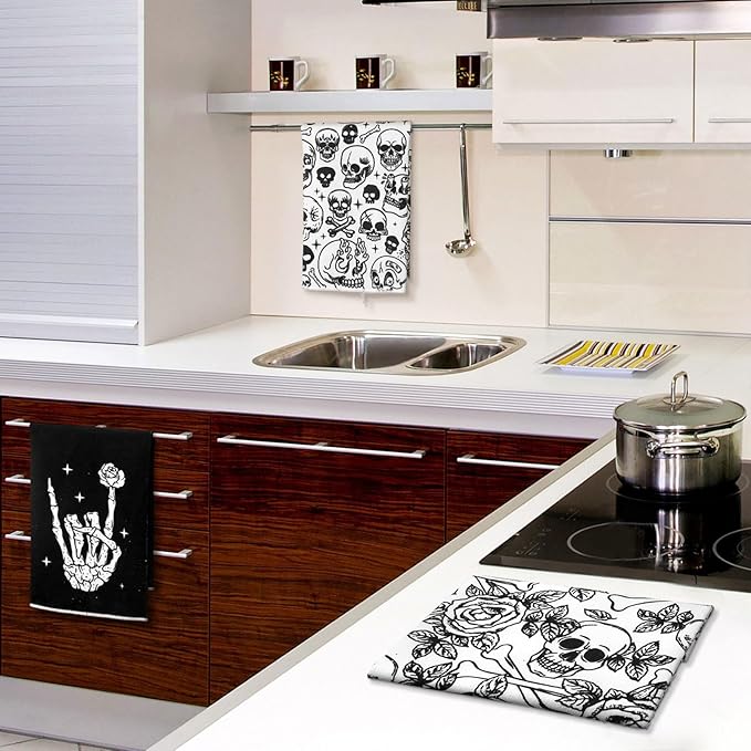 Bencailor 6 Pcs Skull Kitchen Towels Skeleton Dish Hand Towels Funny Skull Rose Tea Washcloth for Bathroom Kitchen Gothic Horror Decor Gifts 24 x 16''