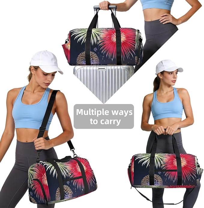 Splendid fireworks Print Gym Bag with Shoe Compartment for Women Men, 17.7in Sports Duffle Weekender Tote, Overnight Travel Duffel Bag Carry On