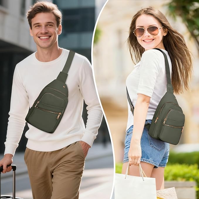 Small RFID Waterproof Sling Bag Travel Crossbody Bags for Women Men, Hands Free Lightweight Sling Backpack Chest Pack Daypack for Outdoors Hiking Traveling Fitness Sport Commuting Green