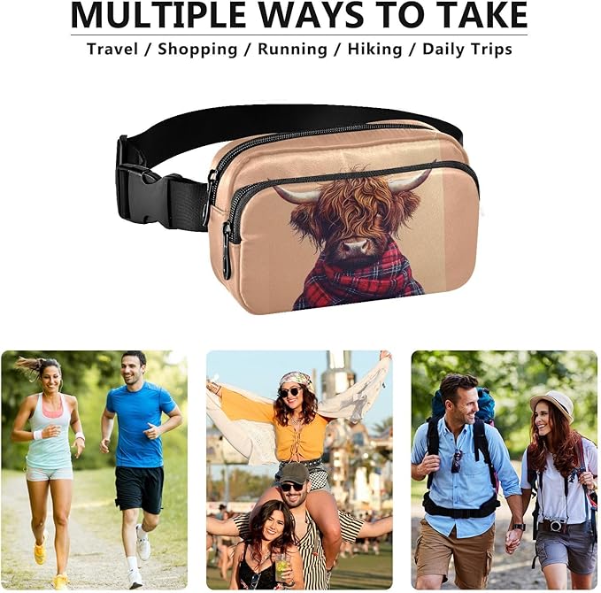Highland Cow in A Plaid Scarf Fanny Pack for Women Men Water Resistant Fashion Waist Packs with Adjustable Strap Belt Bag for Travel Workout Jogging Hiking 21218650
