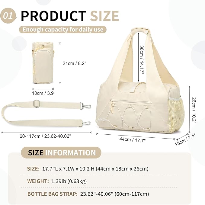 Small Gym Bag for Women, Mini Duffel Bag with Shoe Compartment, Cute Sports Tote Bag Dance Yoga Mat Luggage with Crossbody Water Bottle Bag, Beige