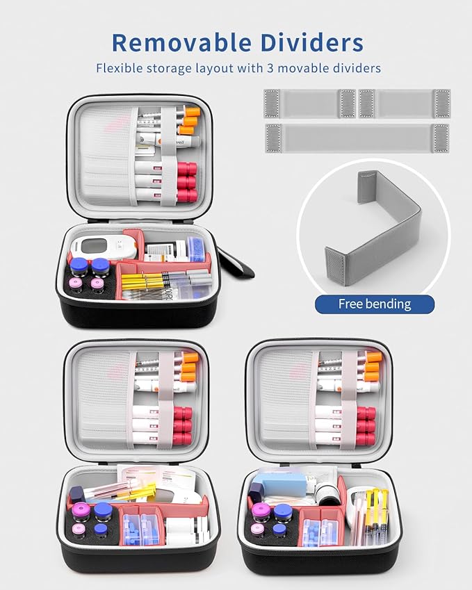 Krypthos Diabetic Supplies Travel Case, Portable Diabetes Organizer for Glucose Meter, Blood Sugar Test Strips Kit, Insulin Pens, Vials, Syringes, Lancing Device and More with Adjustable Dividers