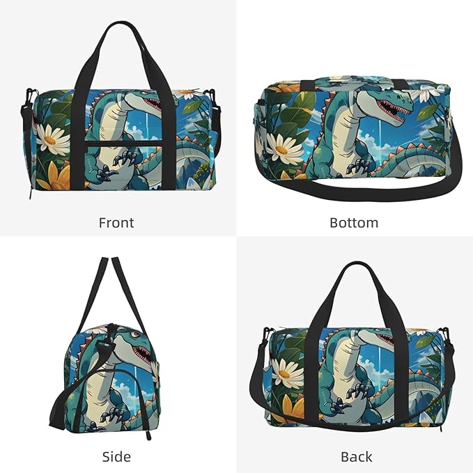Cute Dinosaur Print Gym Bag with Shoe Compartment for Women Men, 17.7in Sports Duffle Weekender Tote, Overnight Travel Duffel Bag Carry On