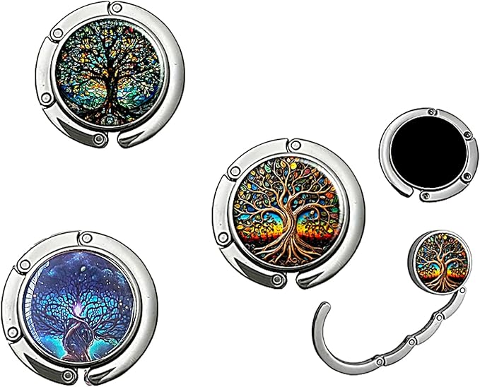 Portable Purse Hook for Table, Foldable Purse Hanger for Table Edge with Non-Slip Rubber Base, Magnetic Closure, 3-Pack Handbag Hook Set, Family Tree Designs for Restaurant Office Travel