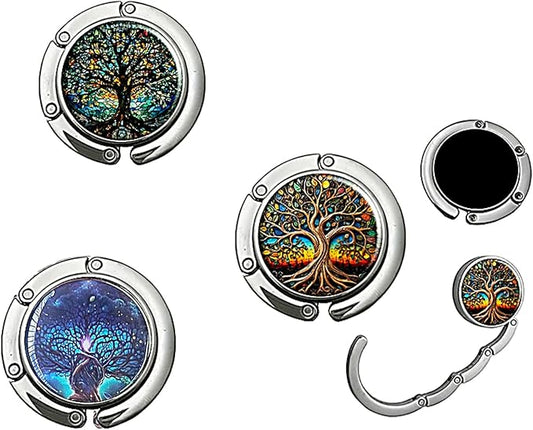 Portable Purse Hook for Table, Foldable Purse Hanger for Table Edge with Non-Slip Rubber Base, Magnetic Closure, 3-Pack Handbag Hook Set, Family Tree Designs for Restaurant Office Travel