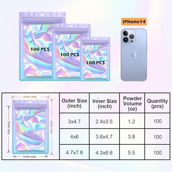 300 Pcs Holographic Mylar Bags, 3 Size Smell Proof Bags with Clear Window Foil Pouch Bags Resealable Bags for Small Business and Food Storage, Purple Blue