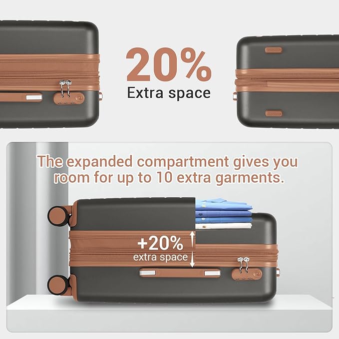 Kono Expandable 20 Inch Carry On Suitcase Airline Approved, Lightweight ABS+PC Hardshell Luggage with 360° Silent Spinner Wheels, Grey/Brown